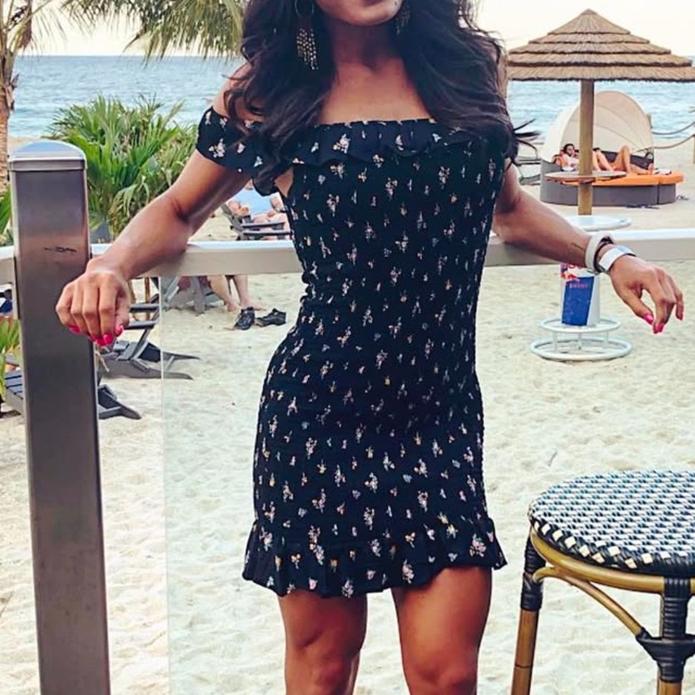 Black off the shoulder ruffled ribbed floral dress